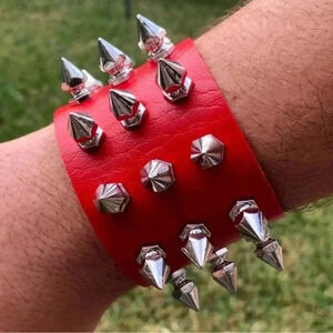 Red Leather Punk Goth Rock Triple Spike Metal Stud Snap Cuff Bracelet NWT